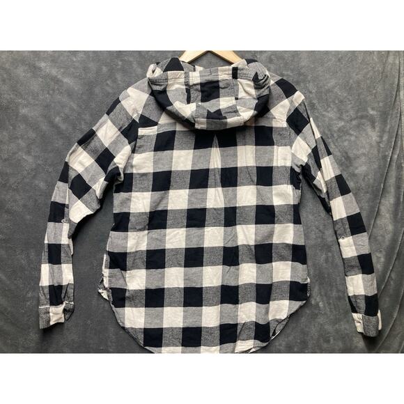 Columbia Hoodie Shirt Woman L Black White Buffalo Check Button Up Stretch Lng Sl - Picture 5 of 6